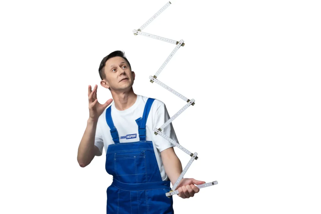 pracownik zajmujący się naprawą okien w firmie Okna Ekspert trzymający w rękach składaną miarę którą zaklina jak zaklinacz węży
